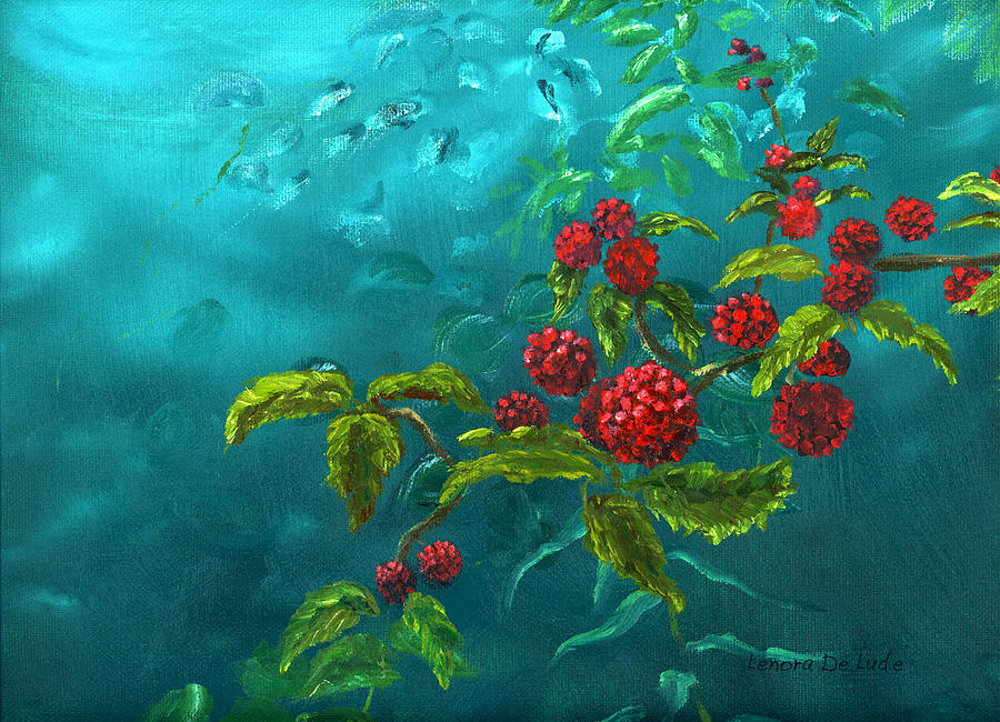 Red Berries in Blue Green Painting Painting by Lenora  De Lude