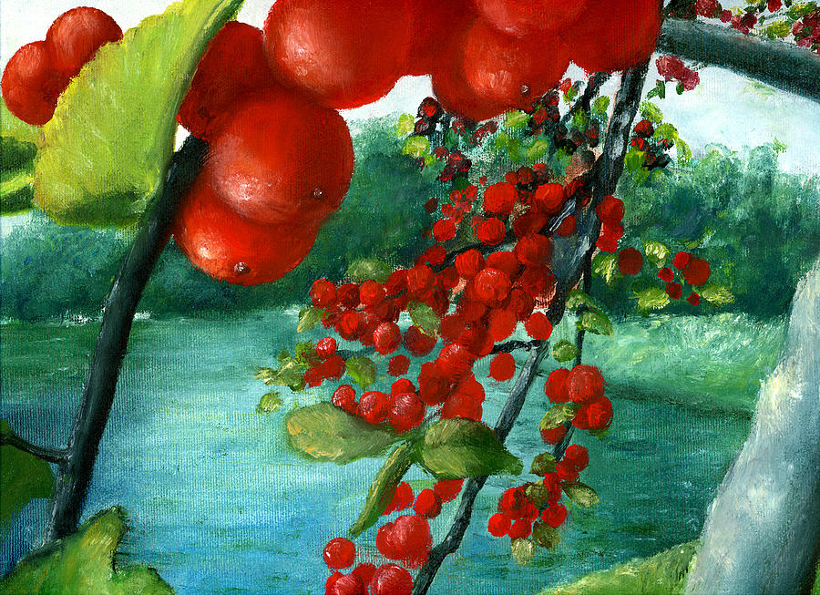 Red Berry Tree on Louisiana Pond Painting by Lenora  De Lude