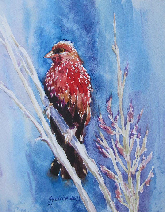 The Red Bird with pink flowers Painting by Jyotika Shroff