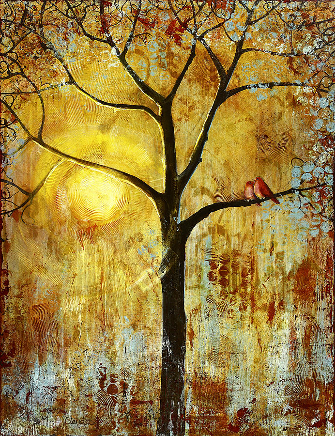 Bird Painting - Red Love BIrds Tree of Life by Blenda Studio