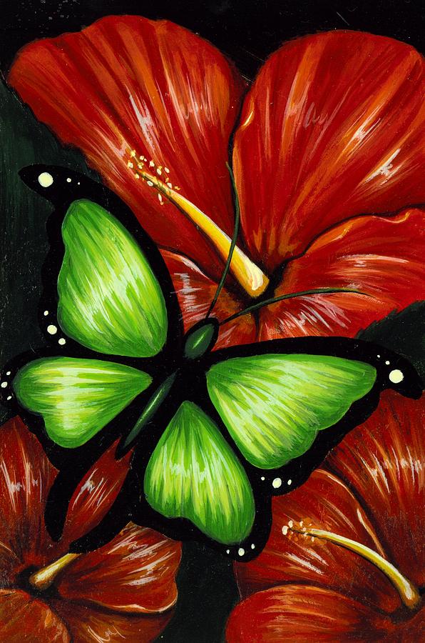 Fantasy Butterfly Painting - Red Blooms by Elaina  Wagner