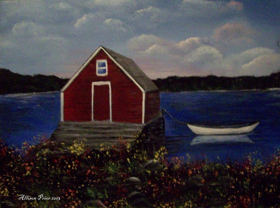 Landscape Painting - Red Boat House by Allison Prior