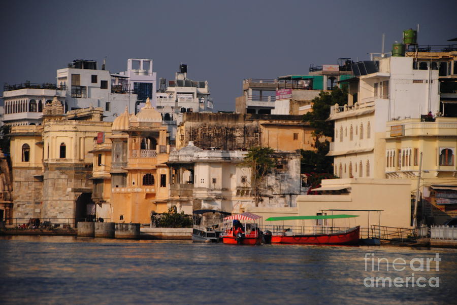 Red Boat on Lake in Udaipur Photograph by Jacqueline M Lewis