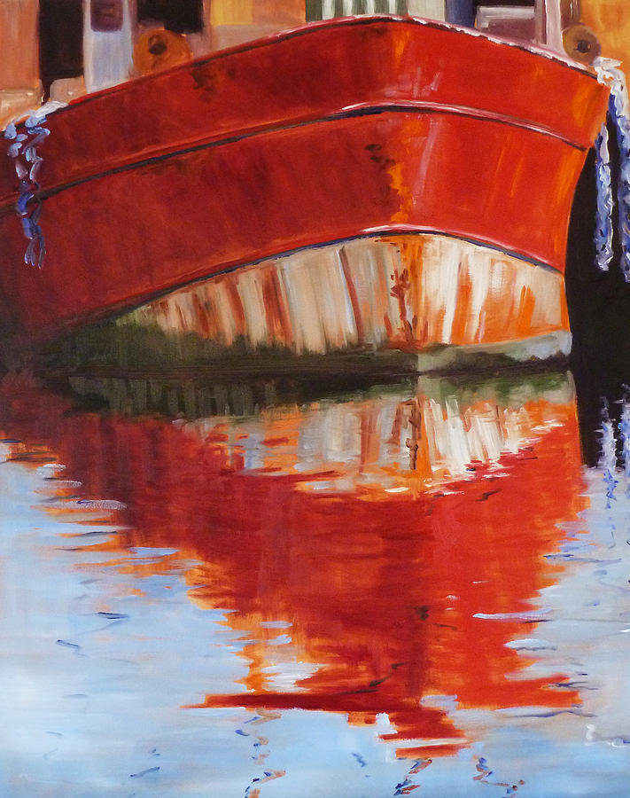 Red Boat Painting by Nancy Merkle