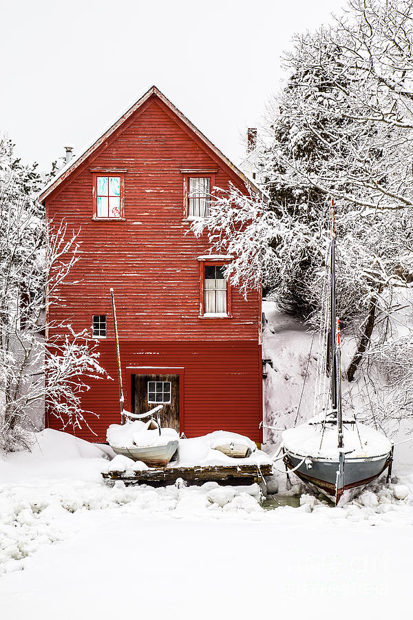 Red Boathouse in the Snow Photograph by Benjamin Williamson