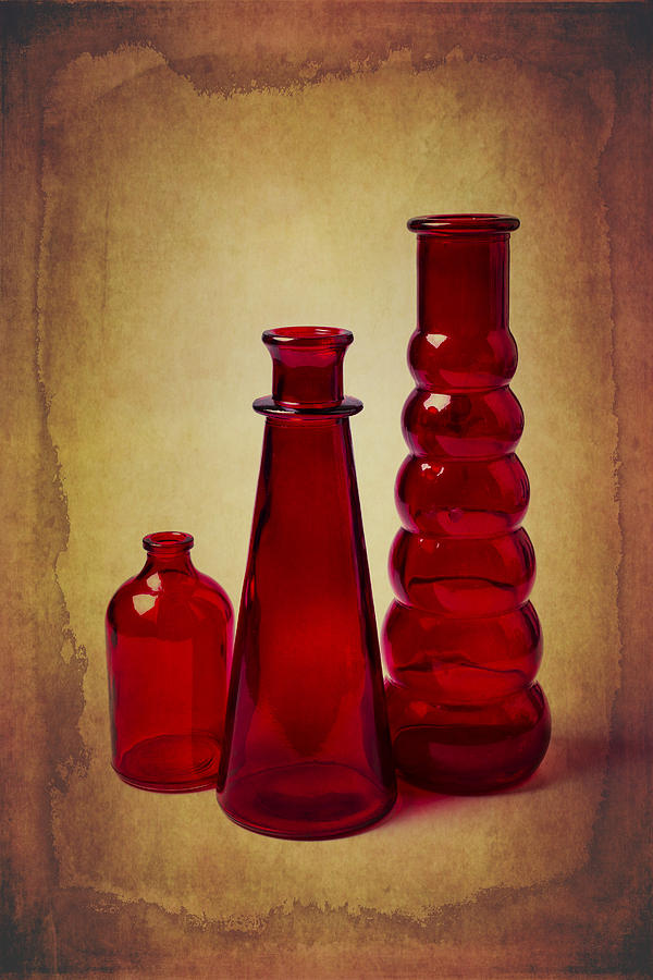 Bottle Photograph - Red Bottles Still Life by Garry Gay