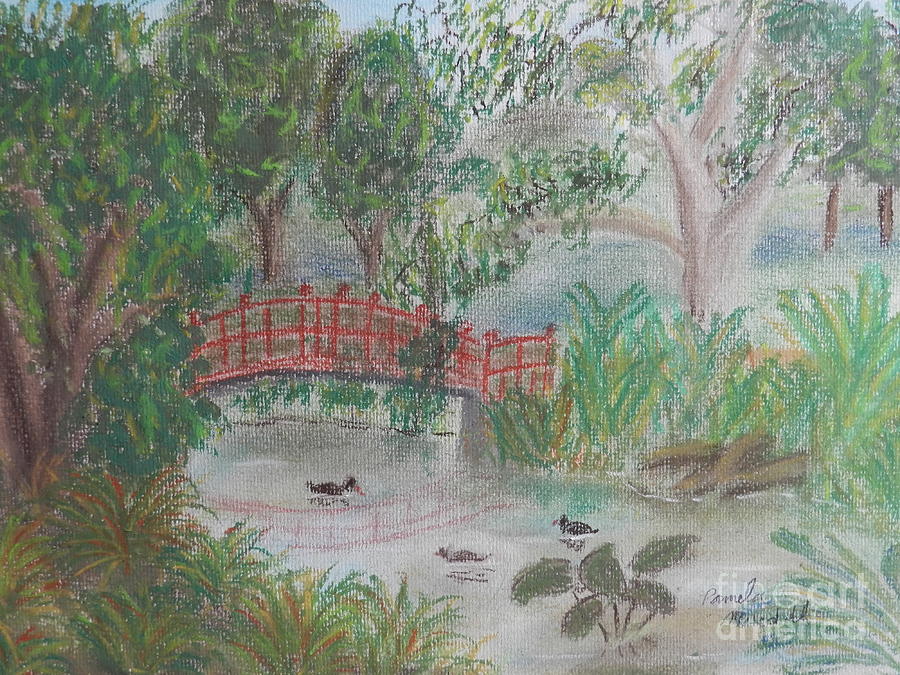 Tree Painting - Red Bridge at Wollongong Botanical Gardens by Pamela  Meredith