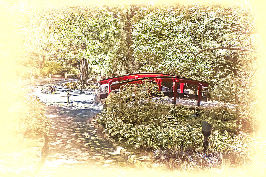 Red Bridge in Japanese Garden Digital Art by Georgianne Giese