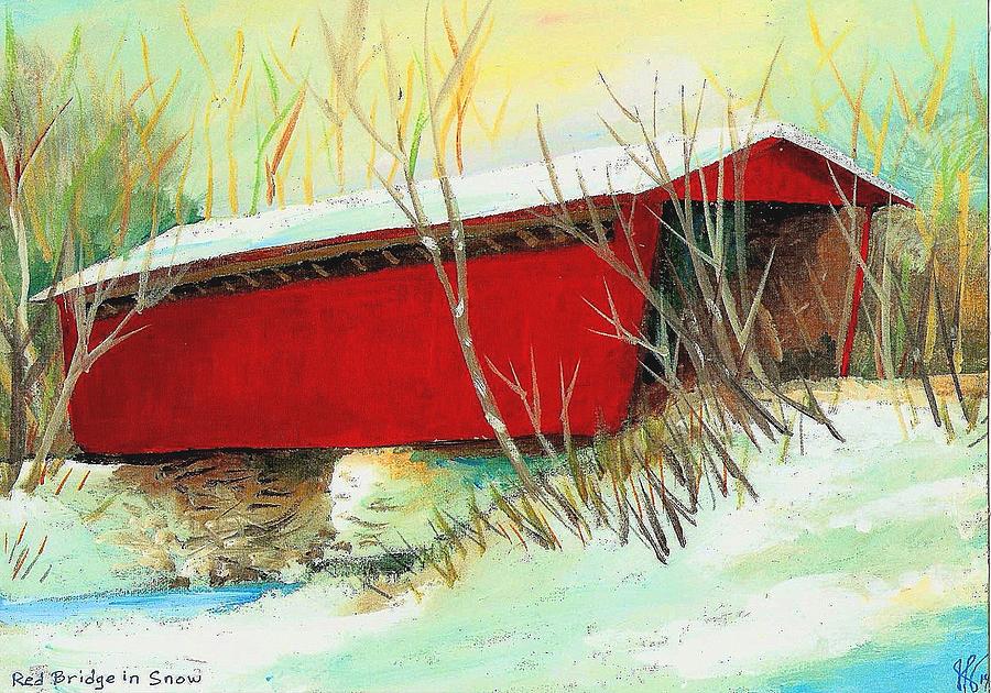 Red Bridge in Snow Painting by Jim Harris