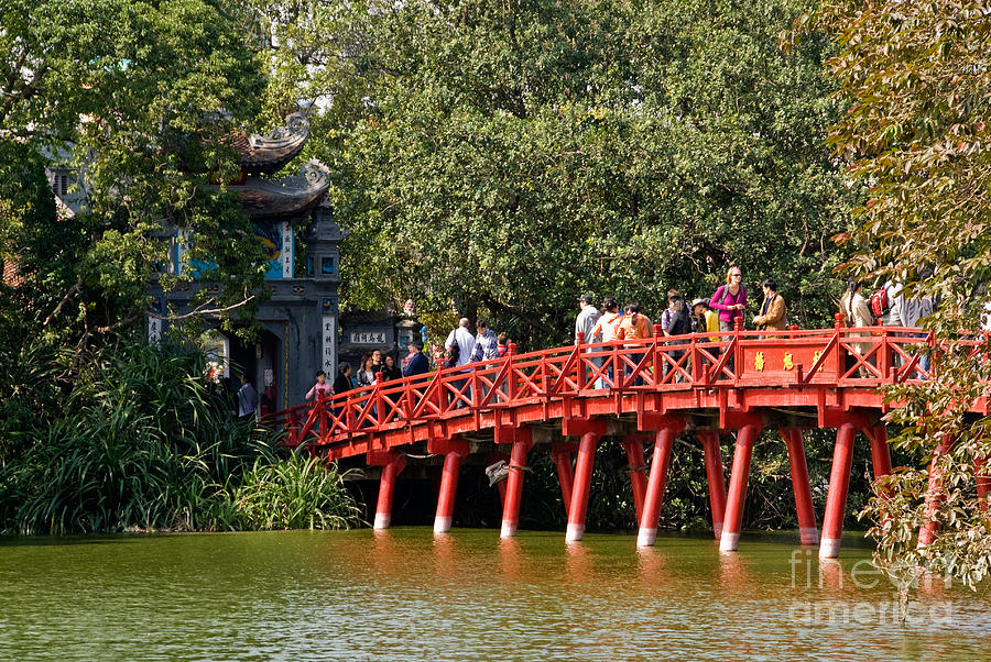 Bridge Photograph - Red Bridge To Ngoc Son Temple by Rick Piper Photography