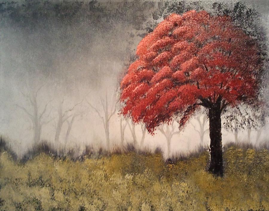 Nature Painting - Red Bud Tree on a Misty Morning by Lee Bowman