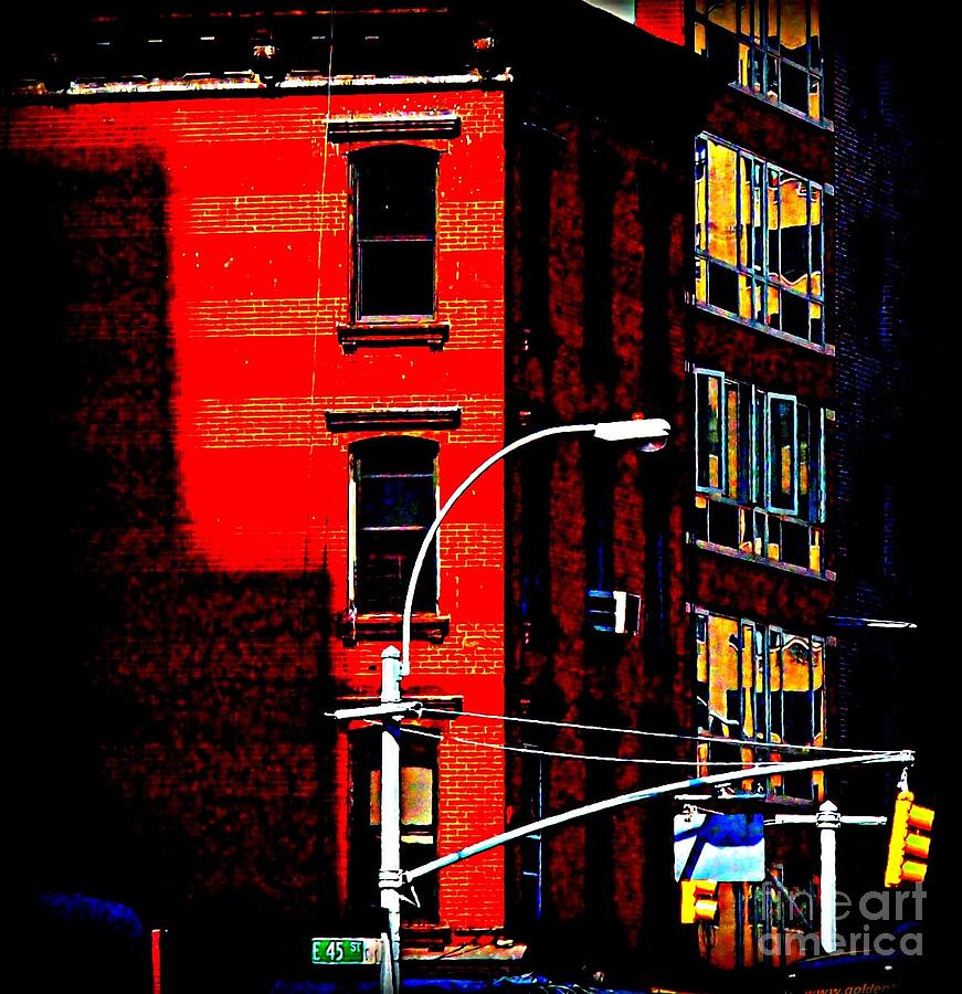 New York City Photograph - Red Building with Yellow Streetlight - Old Buildings and Architecture of New York City by Miriam Danar