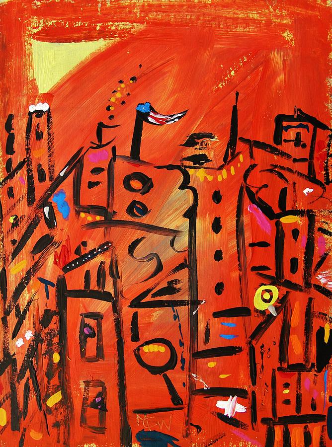 Red Buildings Against Yellow Sky Painting by Mary Carol Williams