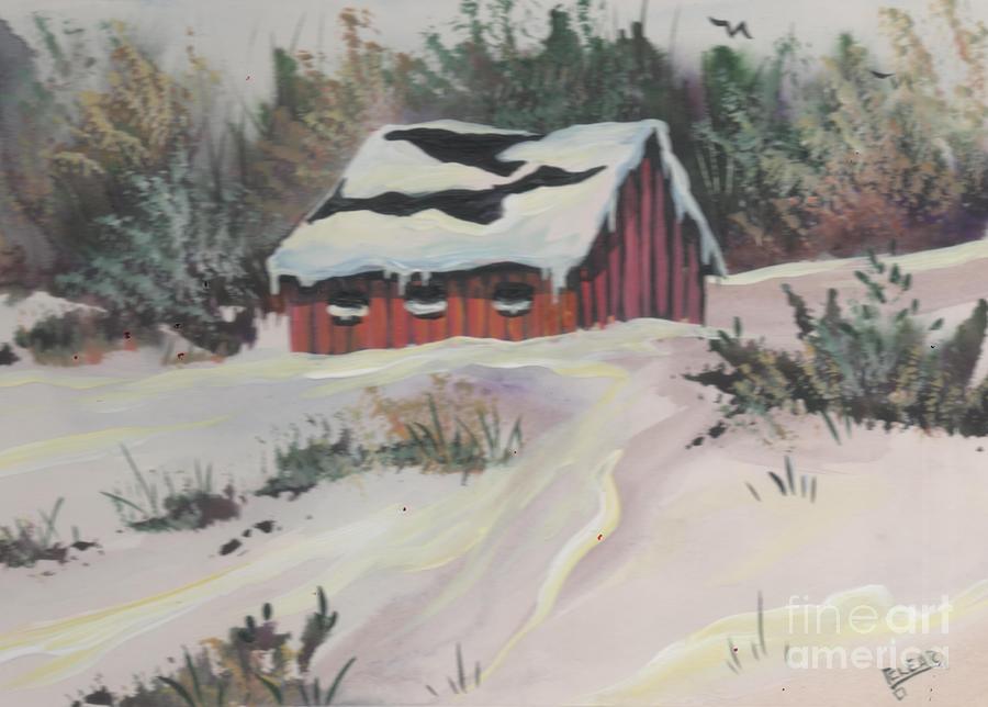 Red Cabin in Snow Painting by Joan Clear