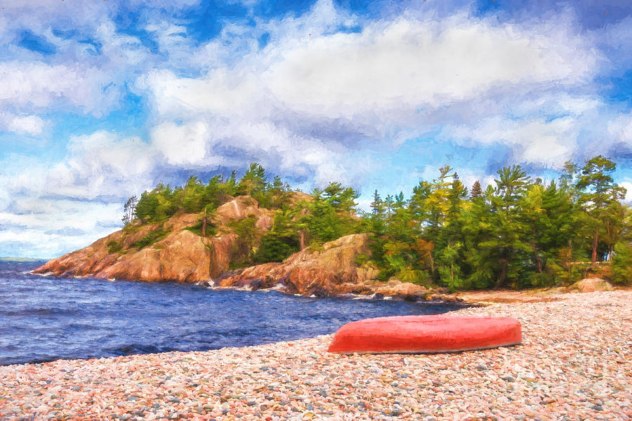 Red canoe on pebble beach - painterly Photograph by Les Palenik