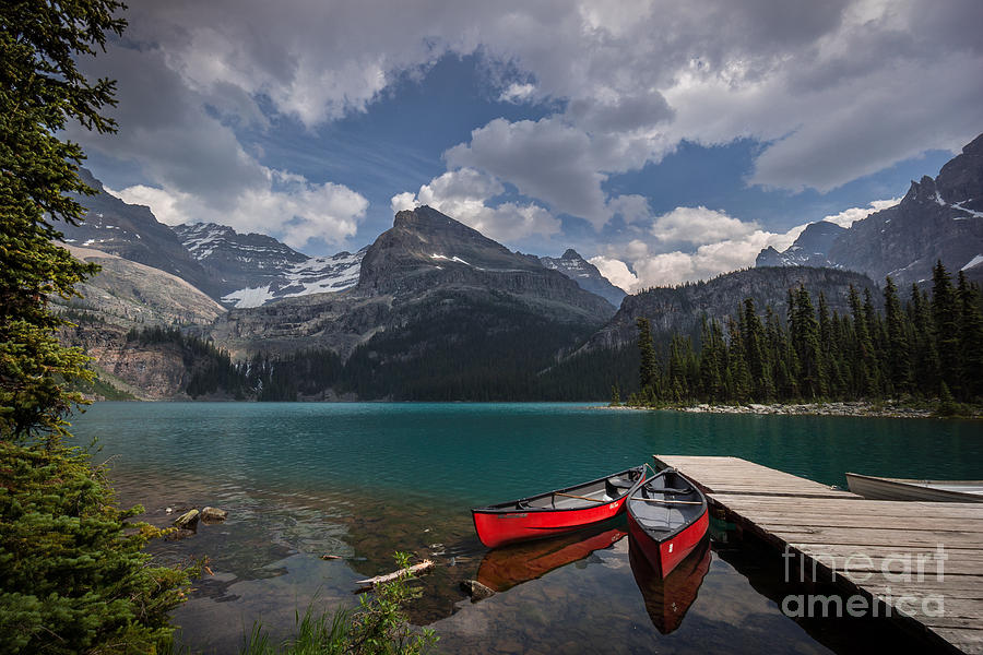 Mountain Photograph - Red Canoes by Carrie Cole