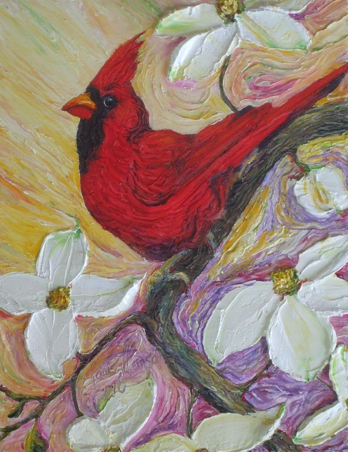 Red Cardinal and White Dogwood Flowers Painting by Paris Wyatt Llanso