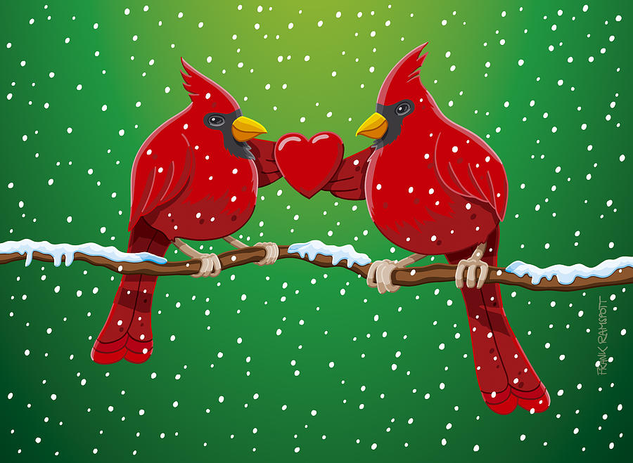 Red Cardinal Bird Pair Heart Christmas Digital Art by Frank Ramspott