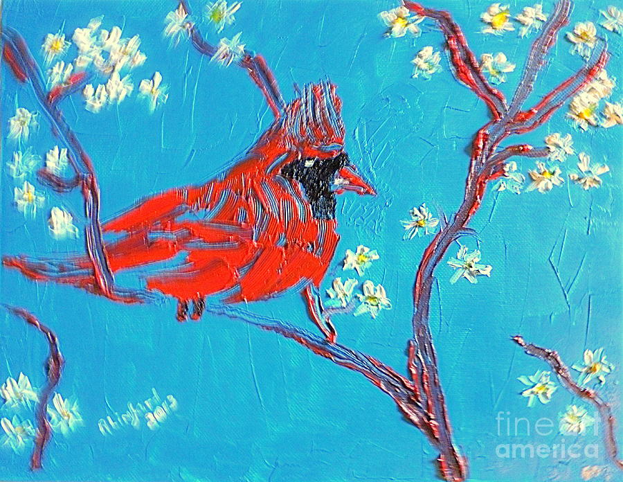 Red Cardinal Spring Painting by Richard W Linford