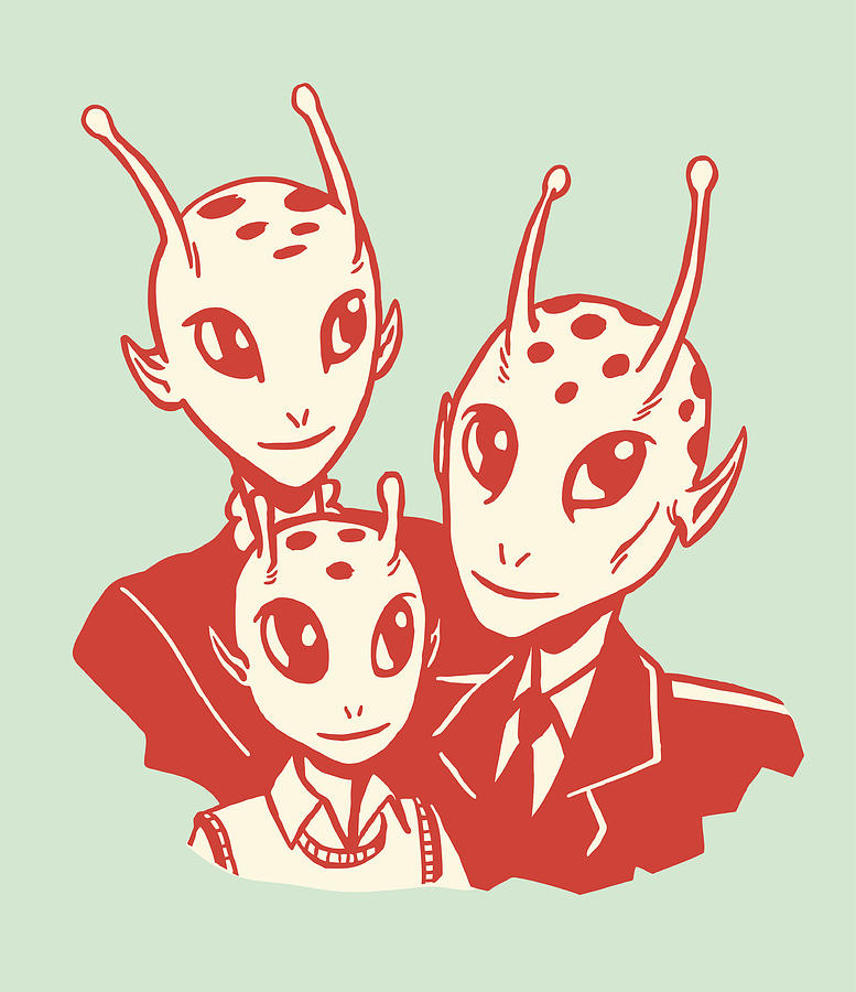 Red cartoon drawing of an alien family on green background Drawing by CSA-Archive