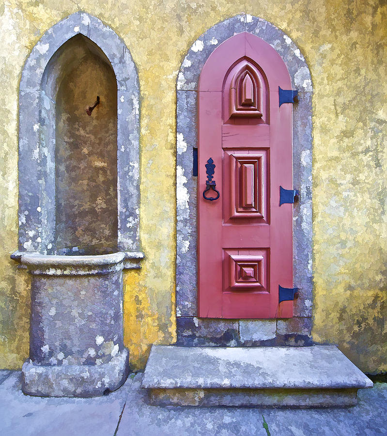 Red Carved Wood Door and a Water Fountain of the Fairytale Castle of Sintra Photograph by David Letts
