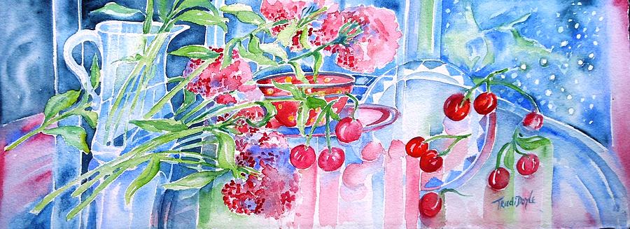 Red Cherries and Sweet William Painting by Trudi Doyle