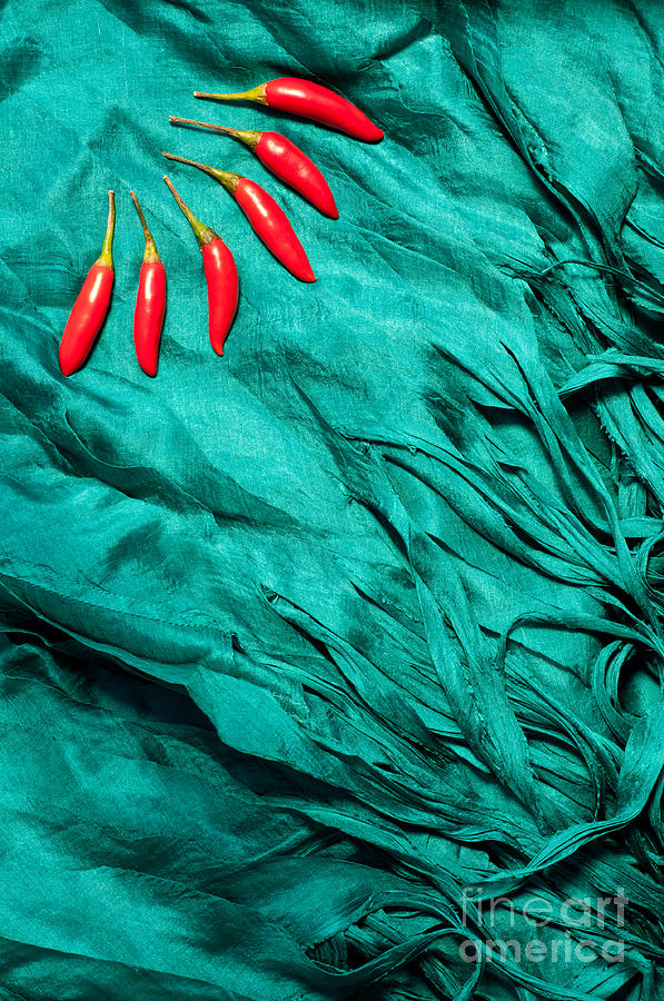 Red Chillies Blue Silk Photograph by Rick Piper Photography
