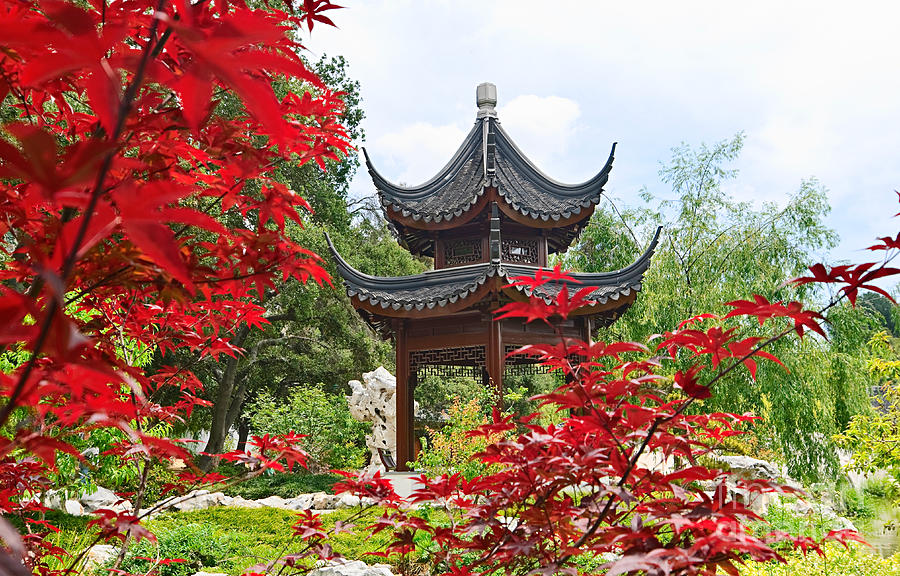 Pasadena Photograph - Red - Chinese Garden with Pagoda and lake. by Jamie Pham