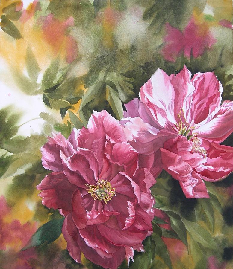 Red Chinese Peony Painting by Alfred Ng