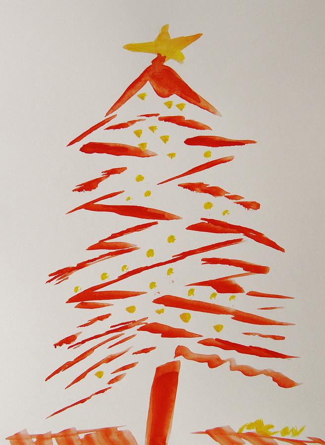 Red Christmas Tree with Yellow Star Painting by Mary Carol Williams