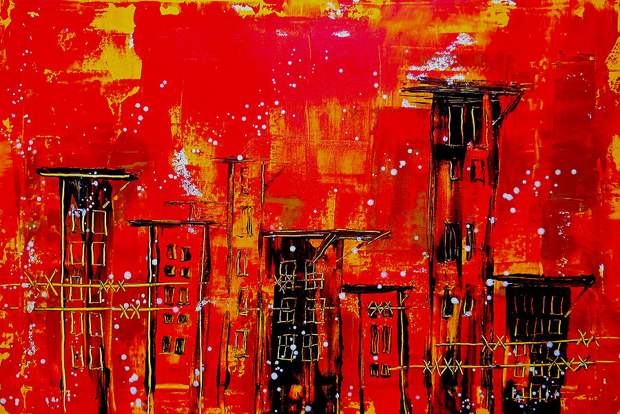 Red Cityscape Abstract Painting Fine Art Print Painting by