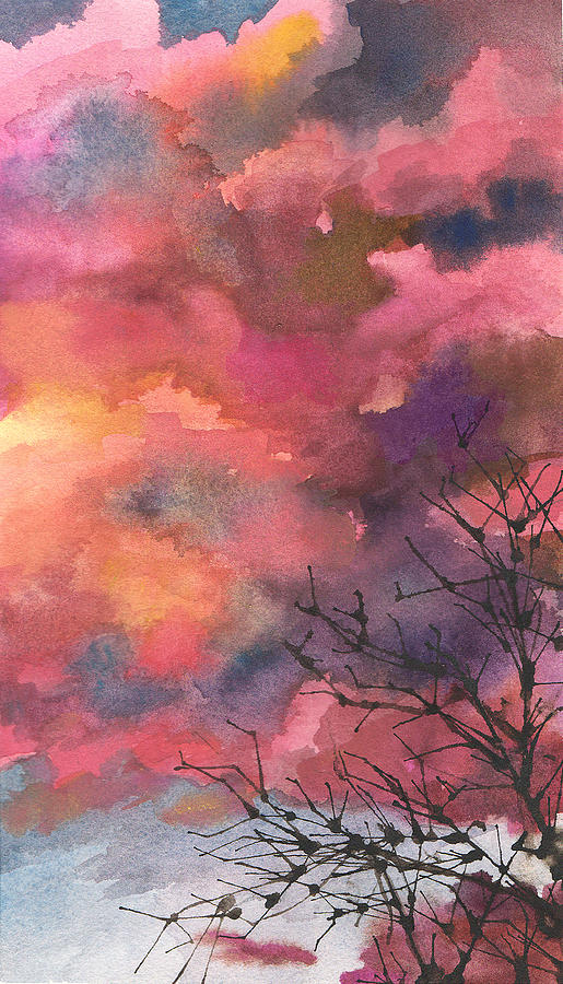 Red Clouds with Twig Tree Painting by Anne Gifford