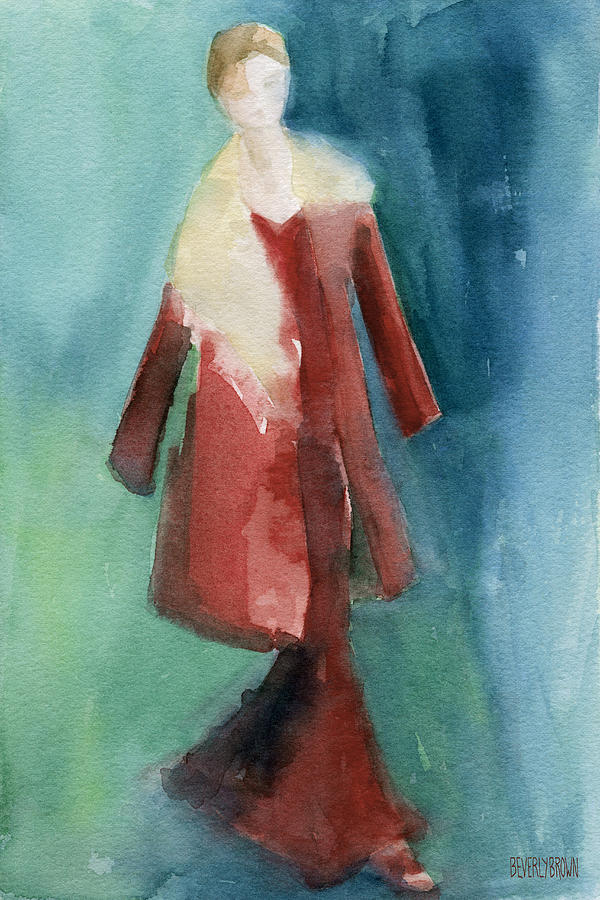 Red Coat and Long Dress - Watercolor Fashion Illustration Painting by Beverly Brown