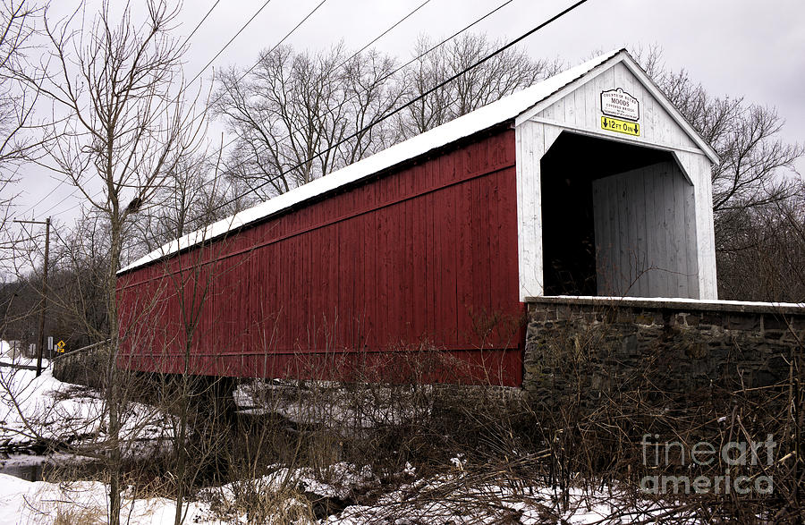 Red Covered Bridge In Winter Photograph By John Rizzuto