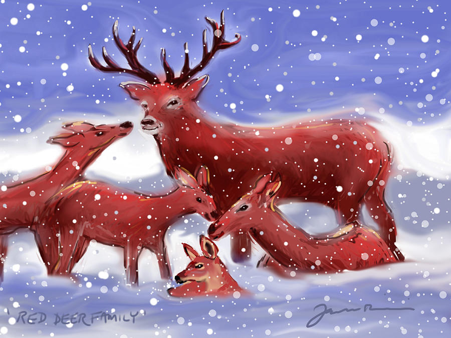 Red Deer Family Painting by Jean Pacheco Ravinski