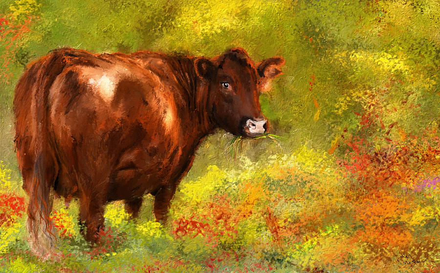 Red Devon Cattle - Red Devon Cattle in a Farm Scene- Cow Art Painting by Lourry Legarde