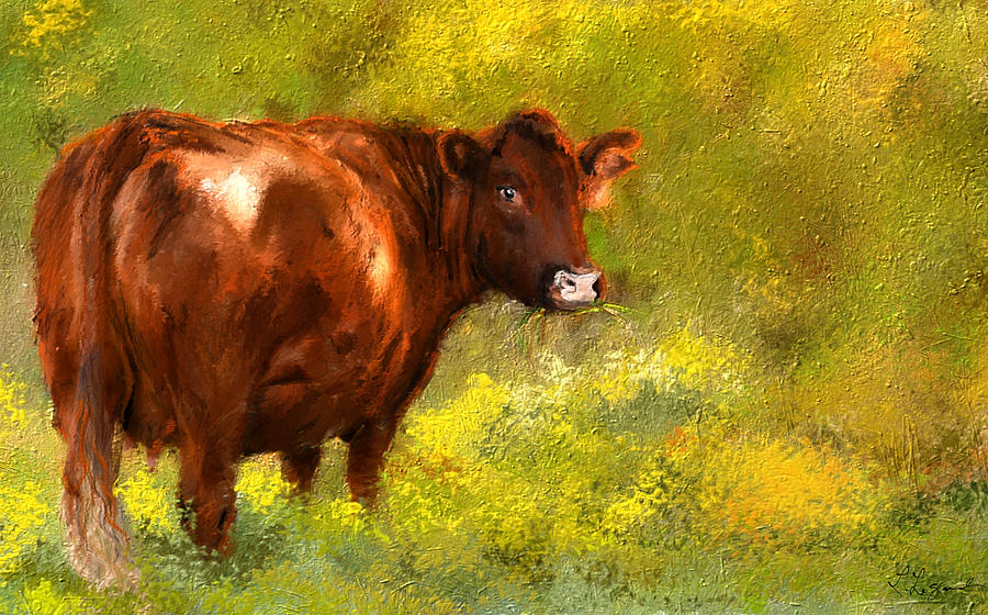 Red Devon Cattle on Green Pasture Painting by Lourry Legarde