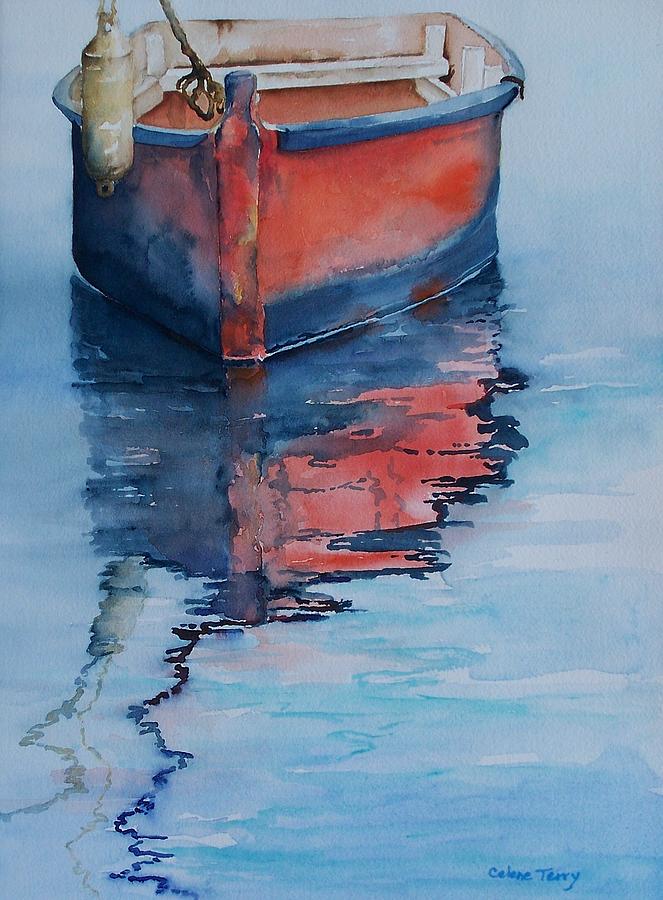 Red Dinghy Painting by Celene Terry