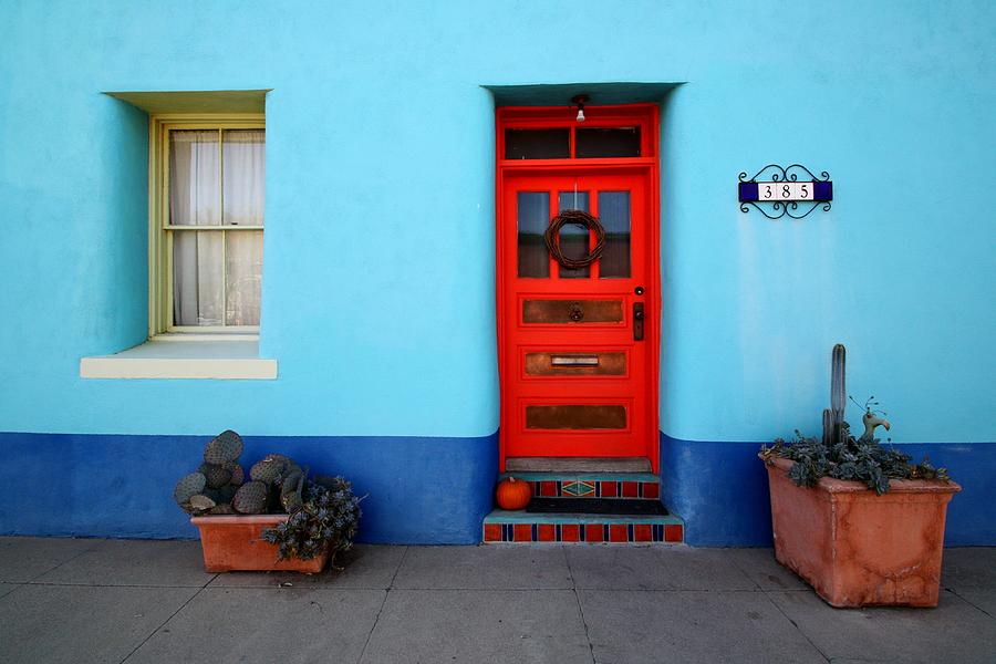 Red Door on Blue Wall Photograph by Joe Kozlowski
