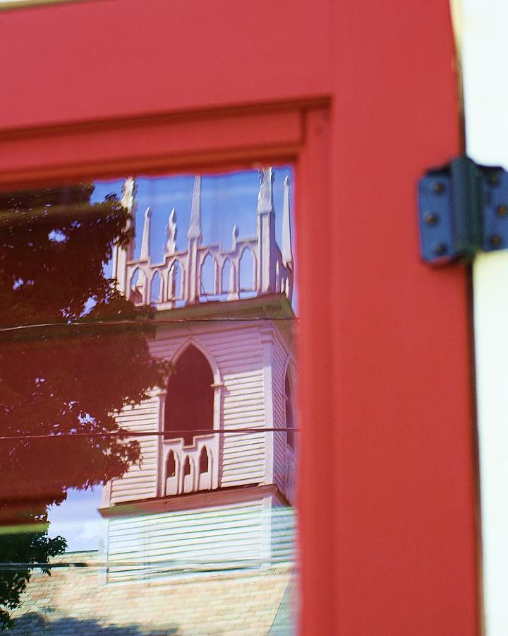 Red Door Reflected Church Photograph