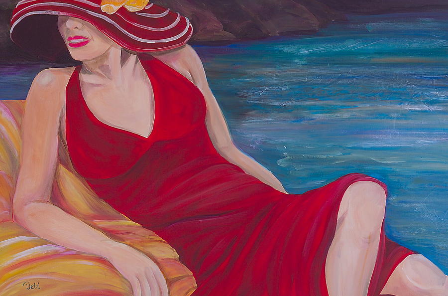 Red Dress Reclining Painting by Debi Starr