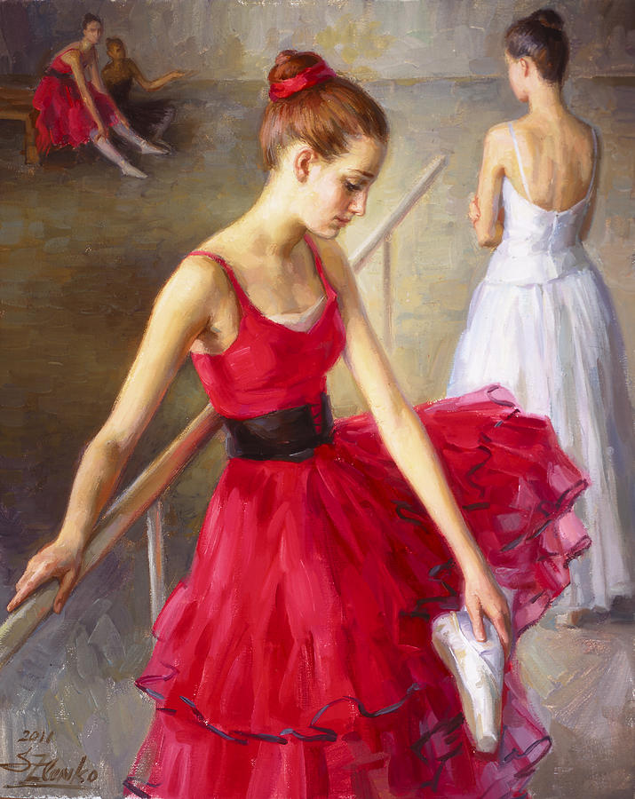 Red Dress Painting by Serguei Zlenko