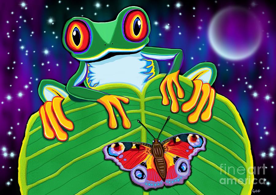 Red Eyed Tree Frog and Moth Painting by Nick Gustafson
