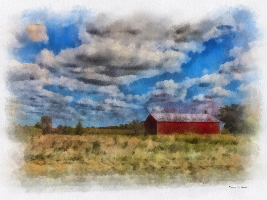 Nature Photograph - Red Farm Shed With Clouds Photo Art 01 by Thomas Woolworth