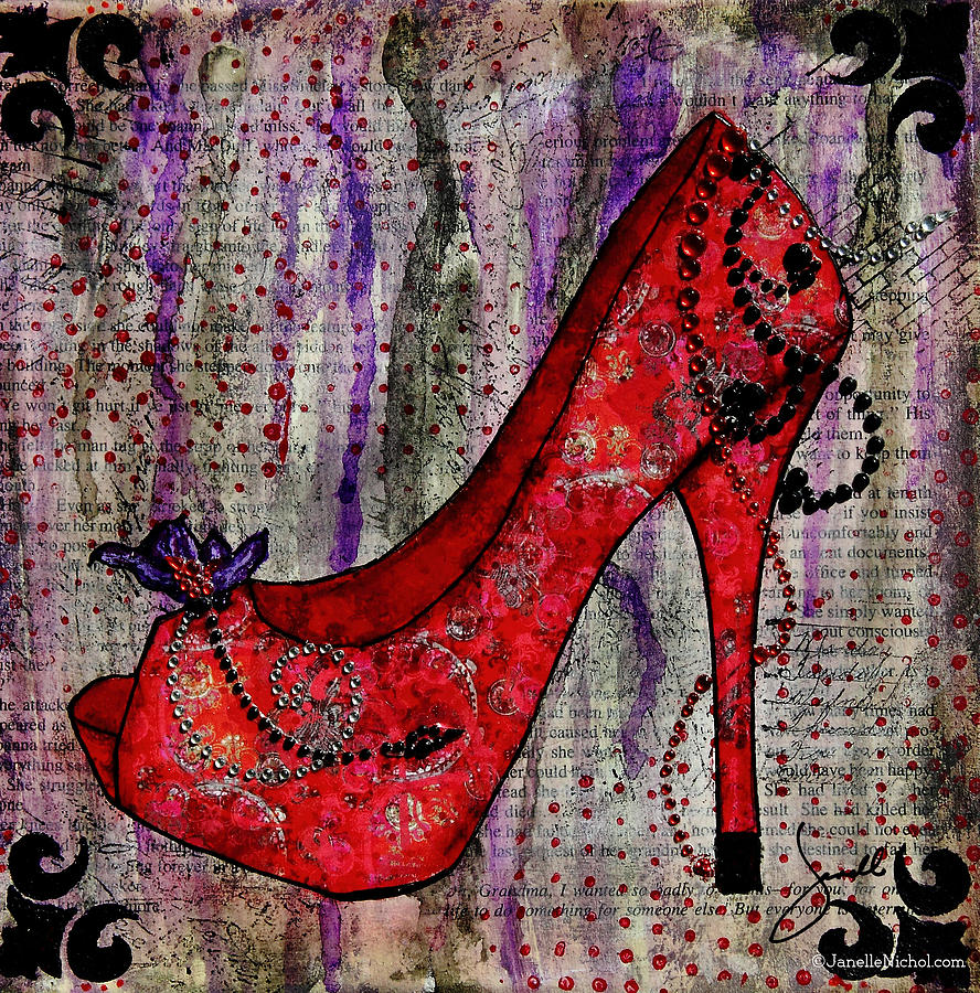 Shoes Mixed Media - Red Fashion Shoe with Purple Flower  by Janelle Nichol