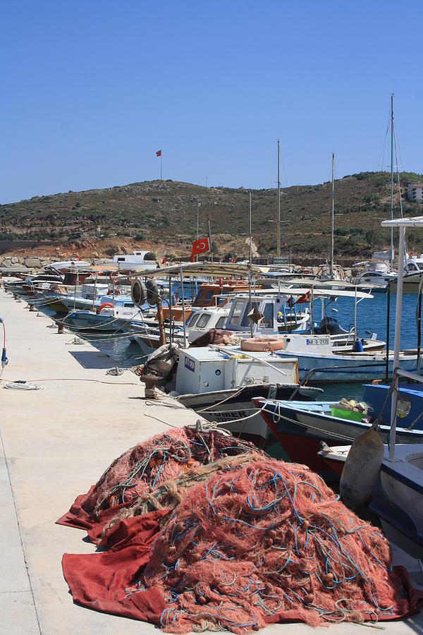 Red Fishing Net and Fishing Boats in Datca Photograph by Taiche Acrylic Art