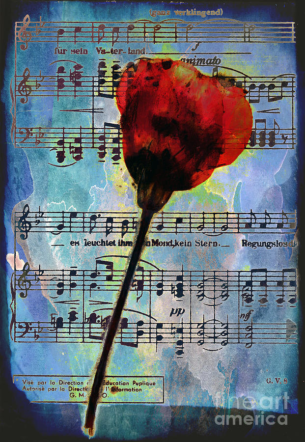 10378 Red Flower On Music Sheet Mixed Media by Colin Hunt