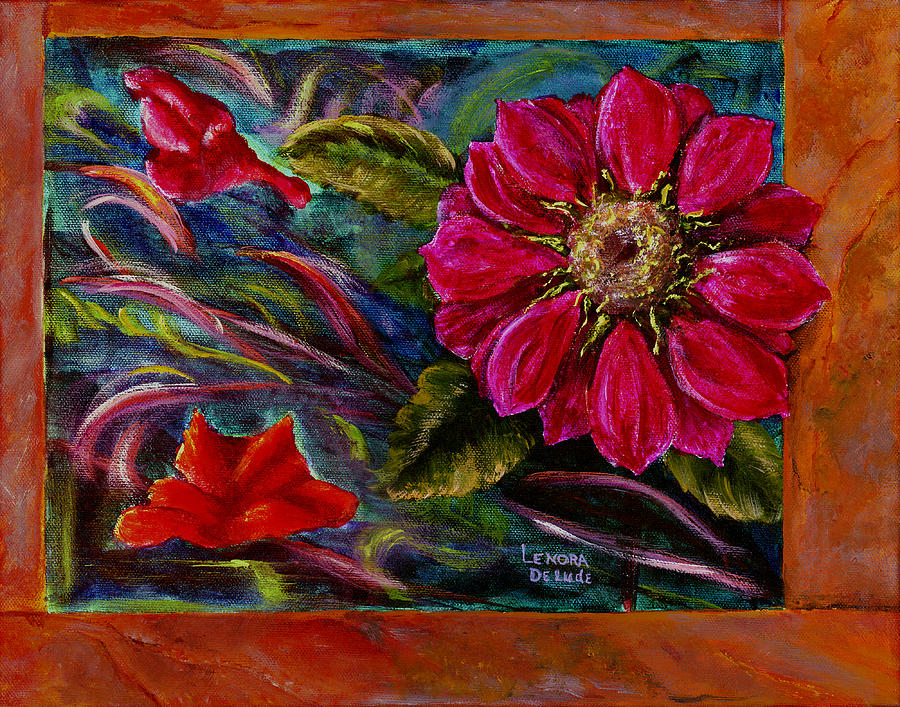 Red Flower in Rust and Green Painting by Lenora  De Lude