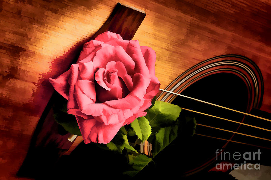 Red Flower Rose Bloom on Guitar Painting in Color 3264.02 Painting by M K Miller