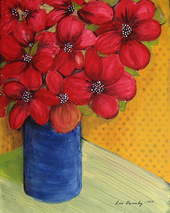 Red Flowers In A Blue Vase Painting by Lee Owenby
